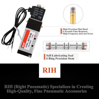 RIH Pneumatics Solenoid Valve 4V110-06 12V/24V/110V Series Single Coil Pilot-Operated Electric 2 Position 5 Way Connection Type (DC12V/Out of line, 1/8"NPT) - size: DC12V/Out of line, style: 1/8"NPT