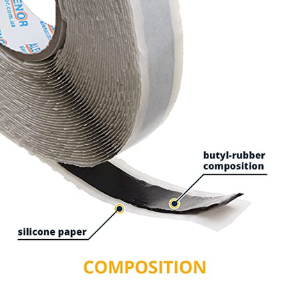 Alenor Black Butyl Seal Putty Tape 1/5'' x 33 Foot - Leak Proof Putty Tape for RV Repair, Window, Boat Sealing, Glass & EDPM Rubber Roof Patching, Car, Van, Bus & Auto Repair - size: 1/5'' x 33’ Ft (Pack 1)