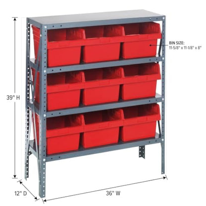 Quantum Storage 1239-SB809 Store-Max Steel Shelf Bin Organizer System, 9 8"H Hopper-Front Bins, 4-Shelf Unit, 400 lb Per Shelf, for Warehouse, Shop, Garage & Stockroom, 12"D x 36"W x 39"H, Red - size: 39" H x 36" W x 12" D, style: 12" L x 12" W x 8" H 9 S