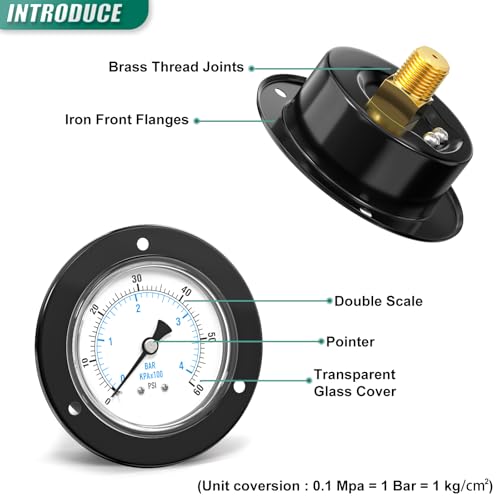 0-60PSI Black Front Flange Panel Mount, Dry Pressure Gauge, 2.5" Dial Size, 1/4" MNPT, Iron Case, with Phillips Screw and Nut, for Water, Gas, Liquid Pressure - color: Dry - Iron Case, size: 0-60PSI