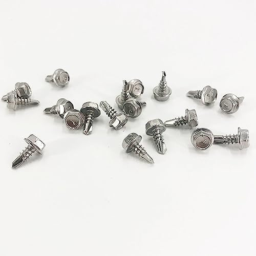 QSJ 110Pcs #10 x 1/2'' Sheet Metal Screws 410 Stainless Steel Hex Washer Head Fast Self Tapping Screws with Screwdriver Bit Silver - size: #10 x 1/2''