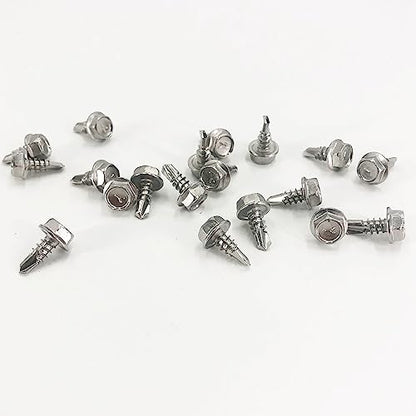 QSJ 110Pcs #10 x 1/2'' Sheet Metal Screws 410 Stainless Steel Hex Washer Head Fast Self Tapping Screws with Screwdriver Bit Silver - size: #10 x 1/2''