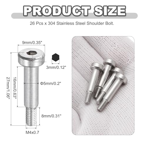 MECCANIXITY 26 Pcs 304 Stainless Steel Shoulder Bolt 5mm Shoulder Dia 16mm Shoulder Length M4x0.7 Thread Hex Socket Shoulder Bolts for Hydraulic Injection Molding Machinery Industries - size: 5mm x 16mm