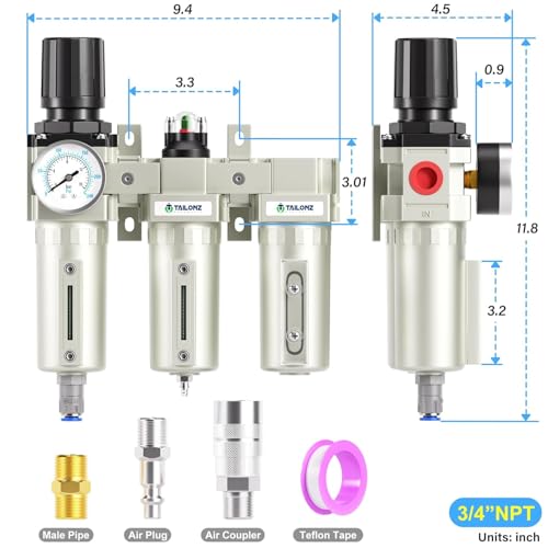 TAILONZ PNEUMATIC 0-240PSI 3/4" NPT Industrial 3-Stage Air Dryer System – Particulate Filter, Coalescing Filter, Desiccant Dryer & Regulator (Auto Drain) - color: 3 Stage, size: 3/4" NPT/Automatic Drainage
