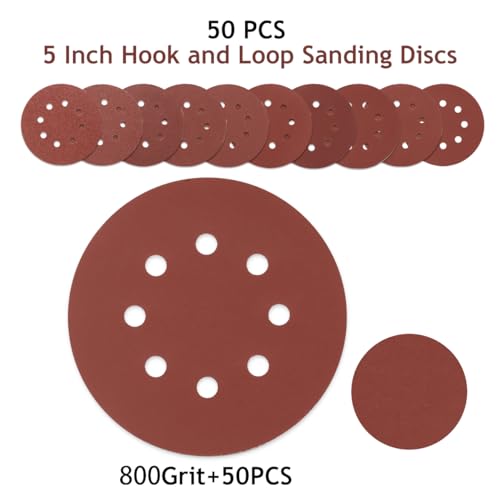 5 Inch 8 Hole Sanding Discs Hook and Loop, 50 PCS 800 Grit Round Sand Paper Disc, Aluminum Oxide Sandpaper Pads for Random Orbital Sander - style: 800 Grit,50-Pack