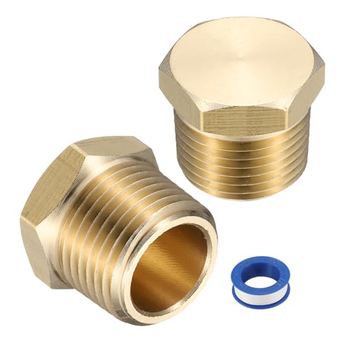 uxcell 2Pcs Brass Hex Head Plug Compression Cap Fitting Stop Valve Cap, 3/8" NPT Hex Thread Pipe Fitting Flare Cap Tubing Ends Sealing Cap with PTFE Tape for Air Conditioner, Water, Gold - size: 3/8 Inch
