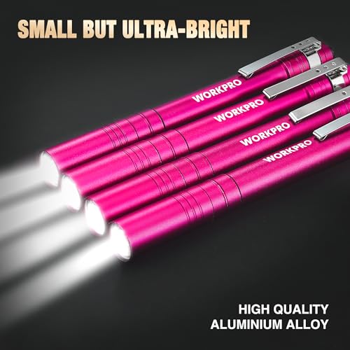 WORKPRO LED Pen Light, Aluminum Pen Flashlight, Pocket Flashlight with Clip - color: Pink