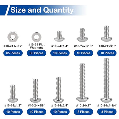 206Pcs #10-24 x 1/4" to 1-1/4" Pan Head Machine Screws Nuts Washers Kit - size: #10-24