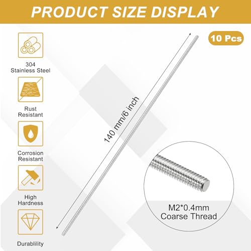 uxcell 10Pcs Fully Threaded Rod M2 x 0.4mm Pitch 140mm/6 Inch Threaded - size: M2x0.4mmx140mm
