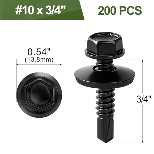 200 PCS #10 x 3/4" Black Self Drilling Metal Roofing Screws, Hex Head Self Tapping Sheet Metal Roof Screw with Rubber Washer for Wooden Siding - size: #10 x 3/4"