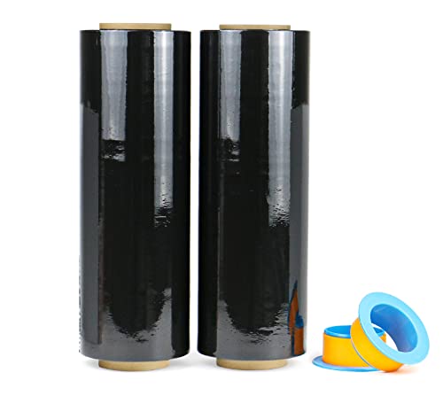 BOMEI PACK 2 Pack 1500ft Industrial Black Stretch Wrap Film 70 Gauge 15" with 3inch Plastic Rolling Handles for Pallet Wrap, Durable Self-Adhering Packing, Moving, Heavy Duty Shrink Film