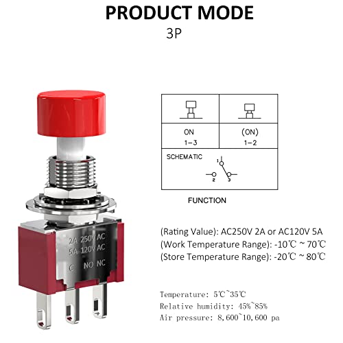 AC 2A/250V 5A/120V 3 Pin Momentary Push Button Switch NO NC with Red Cap 5Pcs - size: 3P