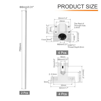 uxcell 2 Pcs 8mm x 750mm Linear Motion Rail Shaft Slide Guide with 4 Pcs SCS8UU Bearings and 4 Pcs SK8 Rail Support Linear Motion Rod Shaft Guide Set for CNC Machine 3D Printer, Silver - size: 750mm