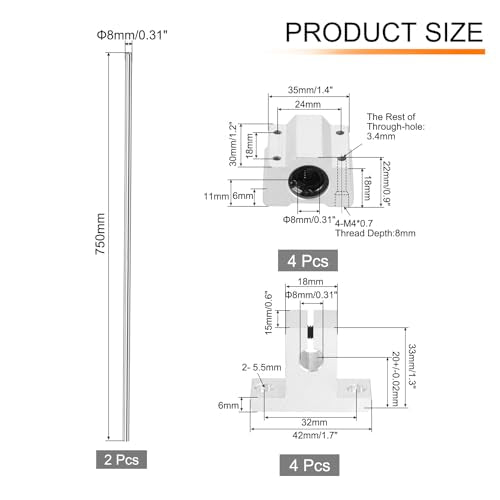 uxcell 2 Pcs 8mm x 750mm Linear Motion Rail Shaft Slide Guide with 4 Pcs SCS8UU Bearings and 4 Pcs SK8 Rail Support Linear Motion Rod Shaft Guide Set for CNC Machine 3D Printer, Silver - size: 750mm