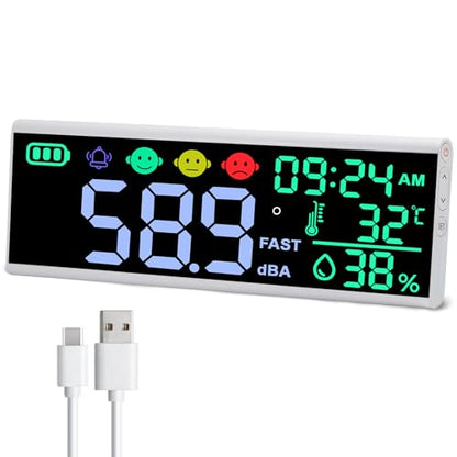 13 Inch Decibel Meter - Wall Hanging Sound Level Meter with Large LED Display, Noise, Temperature, Humidity, Time Monitor for Classroom