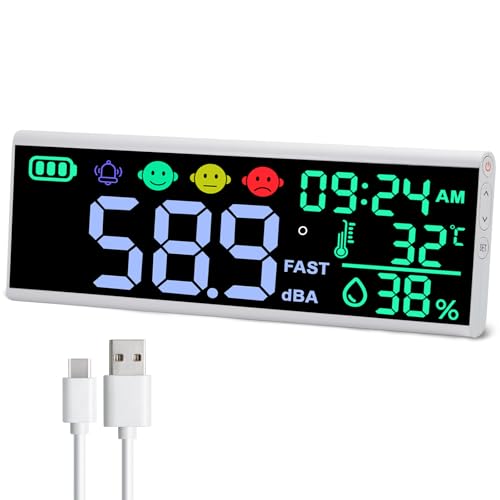 13 Inch Decibel Meter - Wall Hanging Sound Level Meter with Large LED Display, Noise, Temperature, Humidity, Time Monitor for Classroom