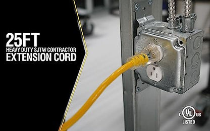 Yellow Jacket Heavy Duty Extension Cord, 25Ft, 12 Gauge, 3 Conductor, Lighted End, Weather Resistant, SJTW, Yellow, 2883 (Pack of 4) - size: 25 ft (Pack of 4)
