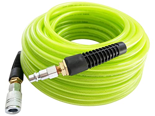 SANFU Polyurethane(PU) Reinforced 3/8”ID x 100ft Air Hose, 300PSI Wear Resistant with 3/8” Reassembled Industrial High Flow Quick Coupler and Plug, Bend Restrictor, Green(100’) - color: Green, size: 100FT