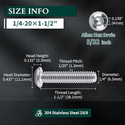 1/4-20 x 1-1/2" Button Head Socket Cap Bolts Screws, 304 Stainless Steel 18-8, Allen Hex Drive, Bright Finish, Fully Machine Thread, Pack of 25 - size: 1/4-20 x 1-1/2