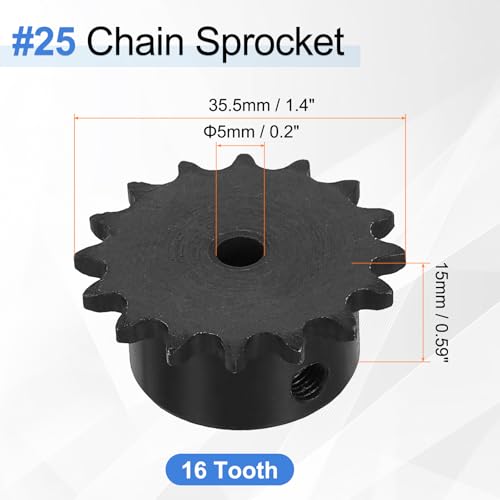 uxcell #25 Chain Roller Sprocket 5mm Bore 35.5mm OD, 16 Tooth C45 Carbon Steel ANSI #25 Roller Sprocket Round Hole with Set Screws for ISO 04C Chain, Black - size: 5mm Bore 35.5mm OD, 16 Tooth