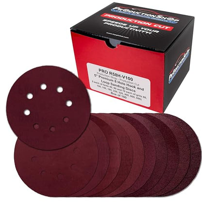 ProductionShop 5" Red 8-Hole Pattern Sanding Discs, 100 Disc Variety Pack, Grits 40, 60, 80, 100, 150, 180, 220, 320, 400, 600, 800 - Hook & Loop Sandpaper for Random Orbital Sanders - Woodworking - style: Variety Pack 100