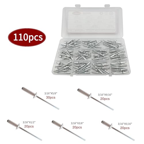 110Pcs Silver 3/16 Inches Pop Rivets Assortment Kit,5 Sizes Aluminum Rivets,Aluminum blind pro Rivets for DIY/Metal/Furniture/Instruments - color: Silver, size: 3/16 Inches
