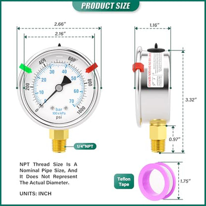 0-1000PSI Stainless Steel Liquid Filled Pressure Gauge, 2.5" Dial Size, 1/4" NPT Lower Mount, for Tube, Water Pump, Gas, Liquid, Pressure Test (with Range Mark Pointer) - size: 0-1000Psi