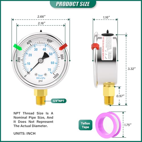 0-1000PSI Stainless Steel Liquid Filled Pressure Gauge, 2.5" Dial Size, 1/4" NPT Lower Mount, for Tube, Water Pump, Gas, Liquid, Pressure Test (with Range Mark Pointer) - size: 0-1000Psi