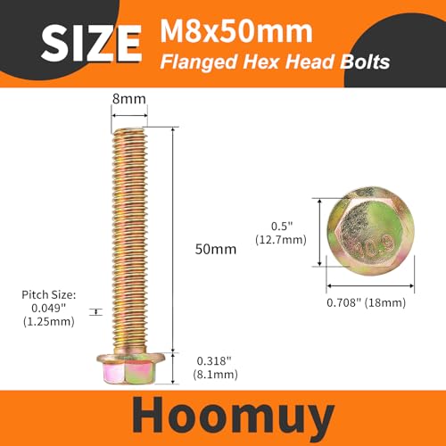 M8 x 50mm 12pcs Heavy Duty Flanged Hex Head Bolts, Flange Hexagon Head Screws, 10.9 Grade Alloy Steel, Yellow Zinc Plated, Metric Fully Thread - size: M8 x 50mm(12pcs)