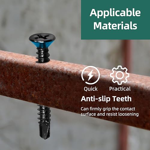 200pcs #8 x 1-1/2 Sheet Metal Self Tapping Screws Assortment Kit, 410 Stainless Steel Flat Head High-Strength Fast Self-Drilling Screws, Black Oxided - size: #8x1-1/2"