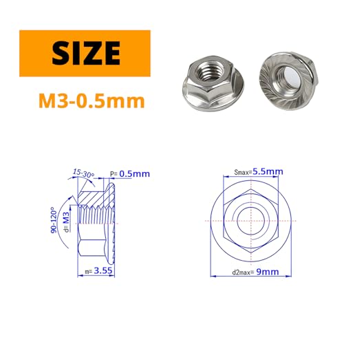 M3-0.5mm (100 Pcs) Serrated Hex Flange Lock Nuts, 304 Stainless Steel Bright Finish Full Thread Hex Drive - size: M3(100PCS)