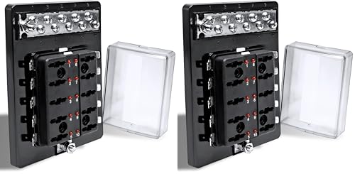 True Mods 10 Way Blade Fuse Block with Ground Negative Bus bar for Automotive [ATC/ATO Blade Fuses] [100 Amp] [LED] [Protection Cover] [12V - 30V DC] Auto Marine Ground Terminal Fuse Box (Pack of 2) - size: Fuse Box with Busbar (Pack of 2)