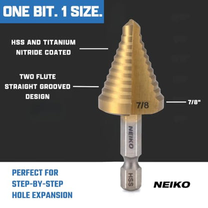 NEIKO 10620A Step Drill Bit, 1 Step 7/8" Straight High Speed Steel, Titanium Nitride Coated, 1/4" Quick Change Step Bits for Steel, Metal, Wood, Plastic, Unibit Cone Drill Bits, Two Flute - size: #7 (7/8", 1S), style: Straight