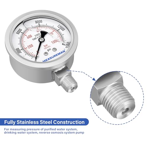 MEASUREMAN Fully Stainless Steel Hydraulic Glycerin Filled Pressure Gauge, 2-1/2" Dial Size,0-15000psi/bar,1/4" NPT Lower Mount - size: 0-15000 psi, style: Lower Mount(100% Stainless Steel)