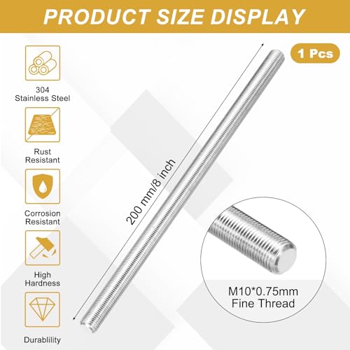 uxcell Fully Threaded Rod M10 x 0.75mm Pitch 200mm/8 inch Threaded - size: M10x0.75mmx200mm