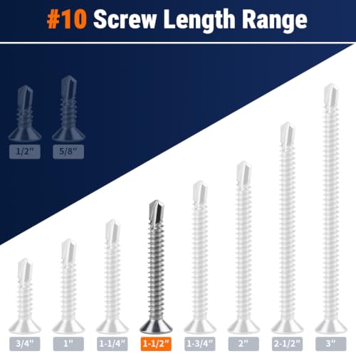 #10 x 1-1/2" Phillips Flat Head Sheet Metal Screws, Stainless Steel 410 Self Drilling Screws for Metal, Countersunk Head, Phillips Drive, Self Tapping, 50 Pack - size: #10 x 1-1/2"