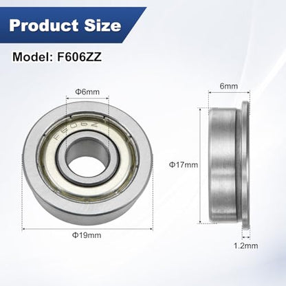 M METERXITY 4-Pack F606ZZ Flanged Ball Bearing, 6 x 17 x 6mm Double Metal Shielded Chrome Steel (GCr15) Flange Rip Bearings for Wheelbarrow/Printer/Fax Machines/Power Tools - size: 6mm x 17mm x 6mm