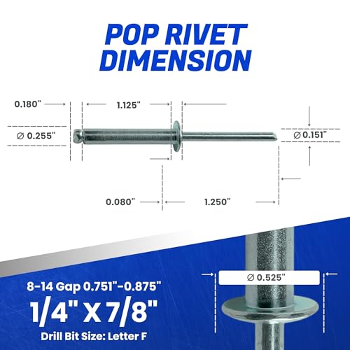 Fastenere Pop Rivets - 1/4" x 7/8" (25 pcs) Heavy Duty, Open-End, Low Carbon Steel, Dome-Head Blind Rivets, Corrosion-Resistant & High Shear Strength, 8-14 Gap 0.751"-0.875" - size: 1/4" x 7/8" (8-14) (25 Pack)