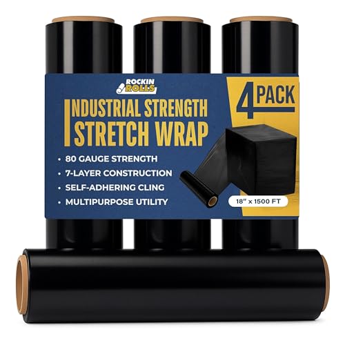 Rockin Rolls Stretch Film Pallet Wrap, Black, 18"x1500ft, 80 Gauge, 4 Rolls - color: Black, size: 4 Rolls