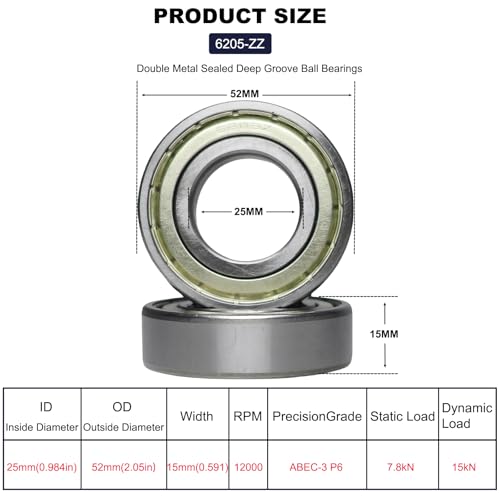 10 PCS 6205-ZZ Double Metal Seal Deep Groove Ball Bearings, Pre-Lubricated and Stable Performance and Cost Effective Bearings (6205 ZZ)