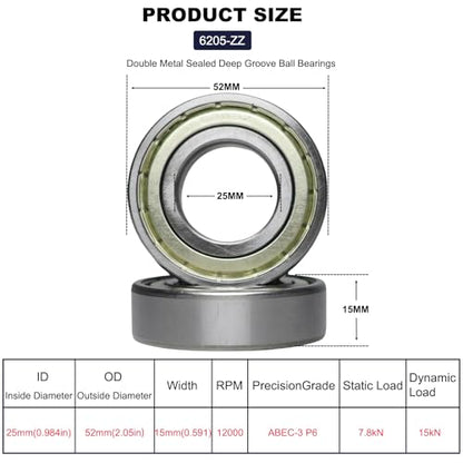 10 PCS 6205-ZZ Double Metal Seal Deep Groove Ball Bearings, Pre-Lubricated and Stable Performance and Cost Effective Bearings (6205 ZZ)