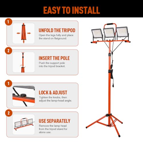 30000 Lumen LED Work Lights with Stand - 3 Adjustable Head Waterproof Foldable Tripod Light, 6500K Daylight (47-68" Height) & 18FT Cord - IP66 Rated for Construction Sites, Garage, Outdoor (Orange)