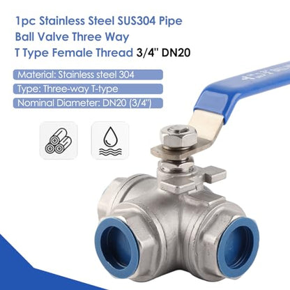 WALFRONT 3-Way Pipe Ball Valve 3/4"NPT Female Thread Valve 304 Stainless Steel Full Port with Handle for Water Oil Gas