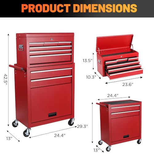 8-Drawer Rolling Tool Chest with Detachable Top Toolbox - color: Red, style: 8 drawer-detachable