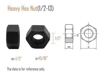 LBY 13pcs Heavy Hex Nuts, 1/2-13 Coarse Thread Hex Nuts, 45# Steel (Black) - size: 1/2-13