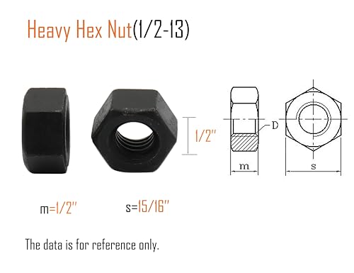 LBY 13pcs Heavy Hex Nuts, 1/2-13 Coarse Thread Hex Nuts, 45# Steel (Black) - size: 1/2-13