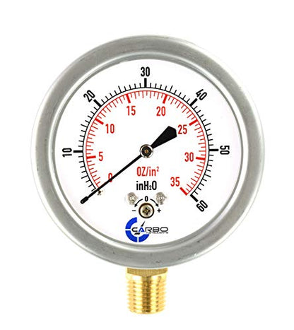 Diaphragm Low Pressure Capsule Gauge, 2-1/2" Dial, 0-35 oz/0-60in H2O Range, 1/4" NPT Lower Mount, Stainless Steel Case, Brass Internals, Adjustable, Dual Scale 35 oz/60 inH2O (IWC) - size: 0-35 oz/0-60 inH2O
