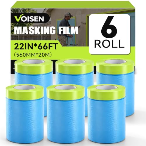 VOISEN 6 Rolls Pre-Taped Masking Film for Painting -22" x 66',Painters Plastic Sheeting with Widened Automotive Masking Tape, Plastic Tarp for Painting, Film for Car, Wall Protection - color: 6 Rolls