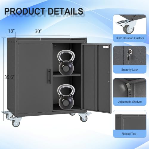 35.6" Rolling Metal Garage Storage Cabinet with Wheels & Lock, Black Gray - color: Black Gray, size: 18"D x 30"W x 35.6"H