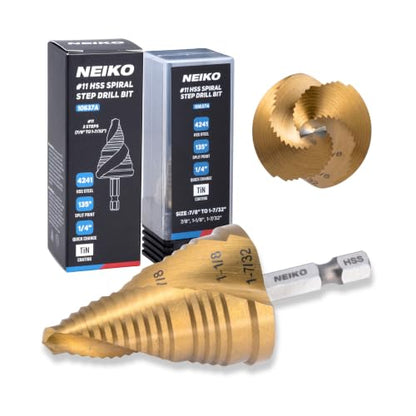 NEIKO 10637A Step Drill Bit, 3 Steps 7/8" to 1-7/32" Spiral High Speed Steel, Titanium Nitride Coated, 1/4” Quick Change Step Bits for Steel, Metal, Wood, Plastic, Unibit Cone Drill Bits, Two Flute - size: #11 (7/8 - 1-7/32", 3S), style: Spiral